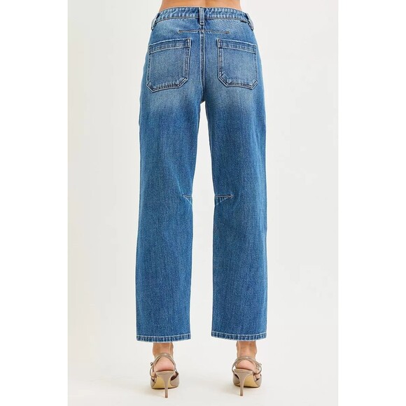 RISEN 4 Way Stretch Mid Rise Barrel Jeans with Patch Pocket Detail - Picture 5 of 6